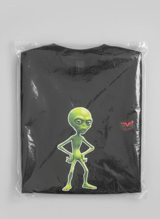 Black t-shirt with a green alien graphic and a logo on the chest.