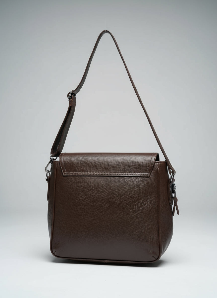 Brown leather shoulder bag on a light gray background