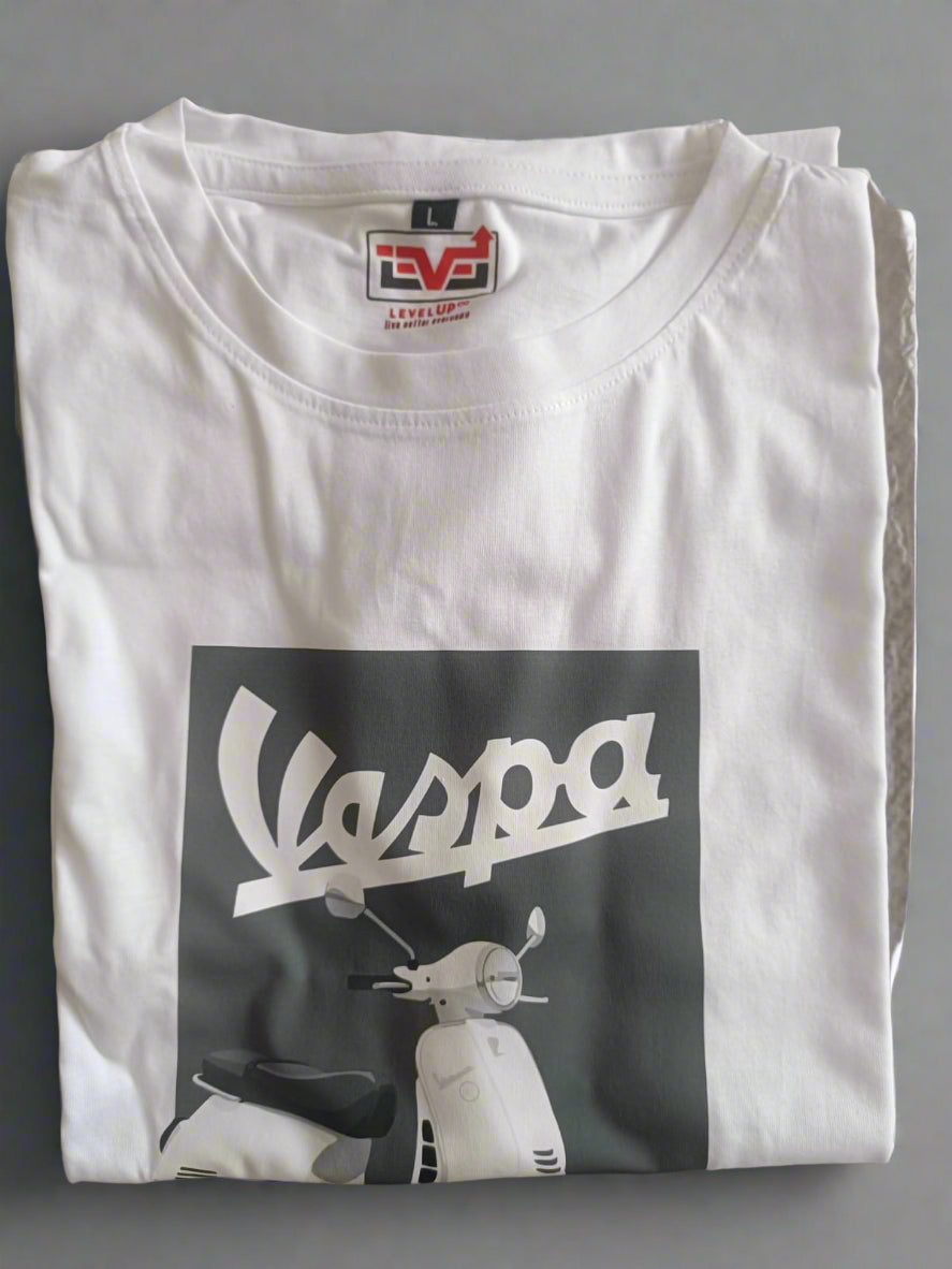 White t-shirt with a graphic design and brand logo on a clear background