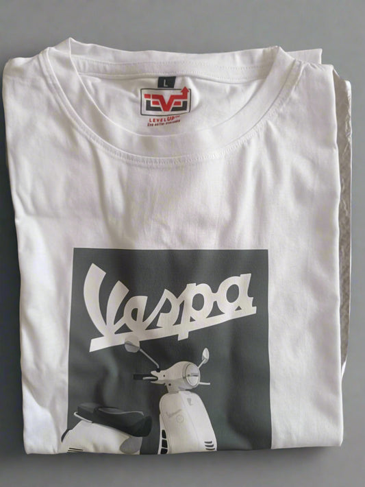 White t-shirt with a graphic design and brand logo on a clear background