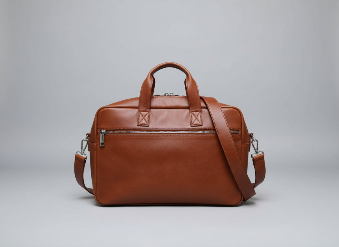 Brown leather bag with a shoulder strap on a gray background