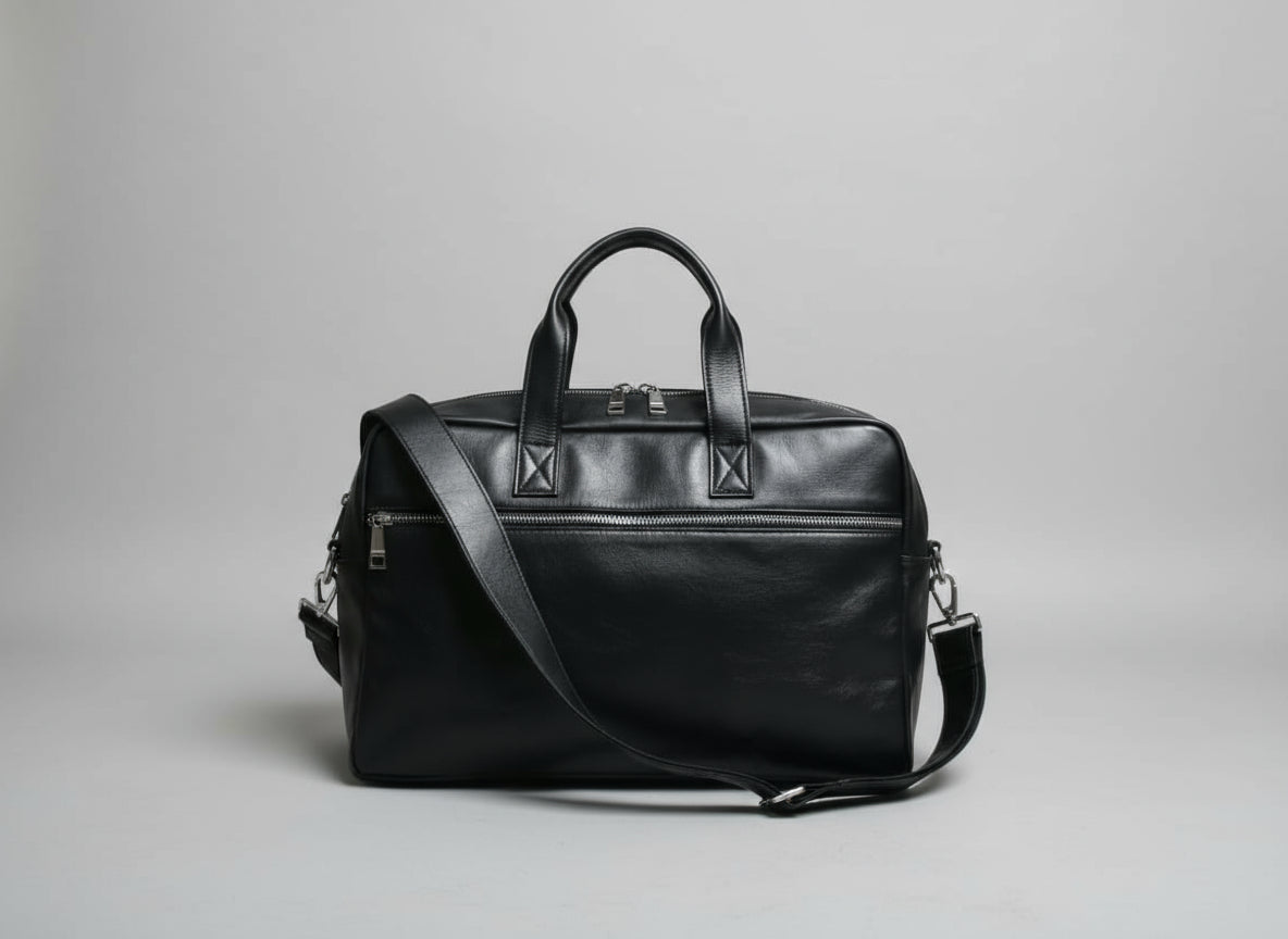 Black leather duffel bag with a shoulder strap on a gray background
